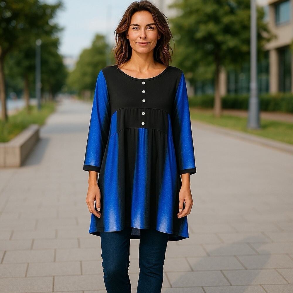 SHEIN Tunic Top Black/Blue XL Asymmetrical Hem 3/4 Sleeve Boat Neck